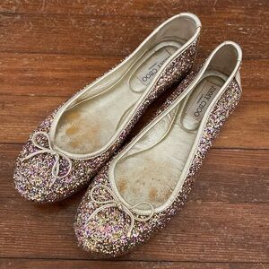 Jimmy Choo Multicolor Glitter Ballet Flats with Gold Trim-read below 👇